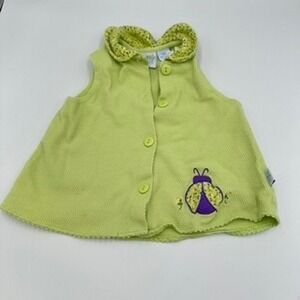 Vintage Baby Girl 18M Lime Green Ladybug Embroidered Button Front Knit Dress